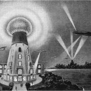 Vue d'artiste du système de transmission électrique sans fil imaginé par Nikolas Tesla